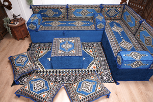 Royal Blue Palace Elegance: L Shaped Floor Sofa Set – Arabic Majlis Seating – Window Seat Cushion – Oriental Cushion Set