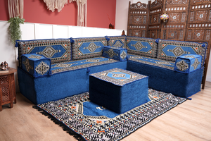 Royal Blue Palace Elegance: L Shaped Floor Sofa Set – Arabic Majlis Seating – Window Seat Cushion – Oriental Cushion Set