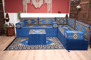 Royal Blue Palace Elegance: L Shaped Floor Sofa Set – Arabic Majlis Seating – Window Seat Cushion – Oriental Cushion Set