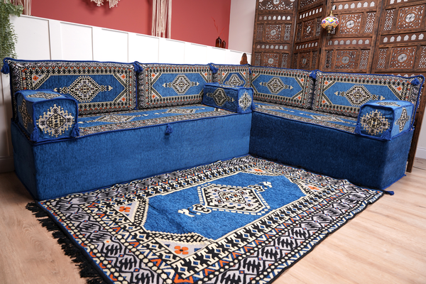 Royal Blue Palace Elegance: L Shaped Floor Sofa Set – Arabic Majlis Seating – Window Seat Cushion – Oriental Cushion Set
