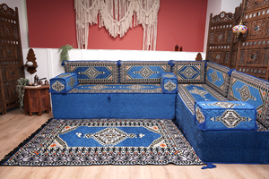 Royal Blue Palace Elegance: L Shaped Floor Sofa Set – Arabic Majlis Seating – Window Seat Cushion – Oriental Cushion Set
