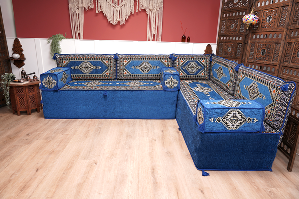Royal Blue Palace Elegance: L Shaped Floor Sofa Set – Arabic Majlis Seating – Window Seat Cushion – Oriental Cushion Set