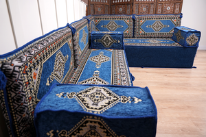 Royal Blue Palace Elegance: L Shaped Floor Sofa Set – Arabic Majlis Seating – Window Seat Cushion – Oriental Cushion Set