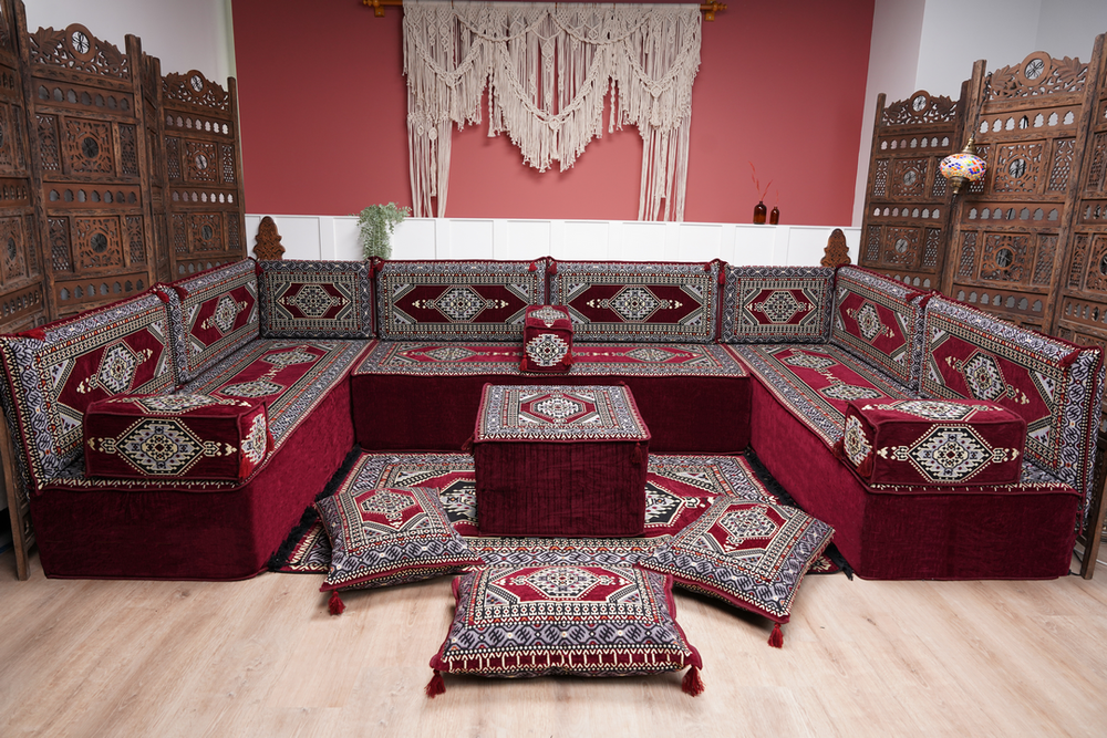 U Shaped Corner Arabic Floor Seating, Modern Couches, Maroon Arabic Majlis Sofa, Turkish Sofa, Arabic Seating Sofa