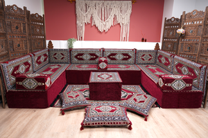 U Shaped Maroon Floor Cushions, Modern Arabic Majlis Set, Floor Sofa Set, Ethnic Sofa, Arabic Jalsa, Moroccan Sofa