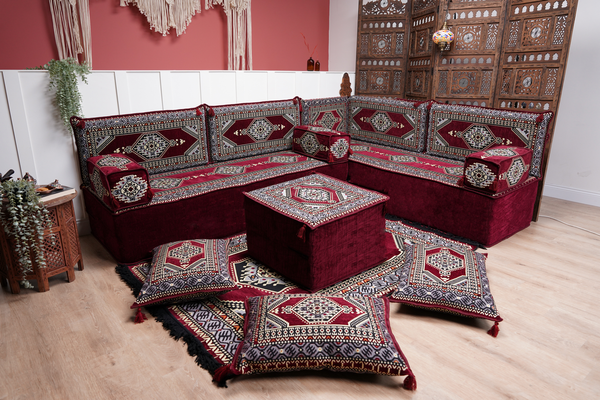 L-förmiges Bodensofa, Ecksofa-Set, Eck-Bodensofa, marokkanische Wohndekoration, Bodenkissen, böhmische Möbel, arabisches Sofa-Set