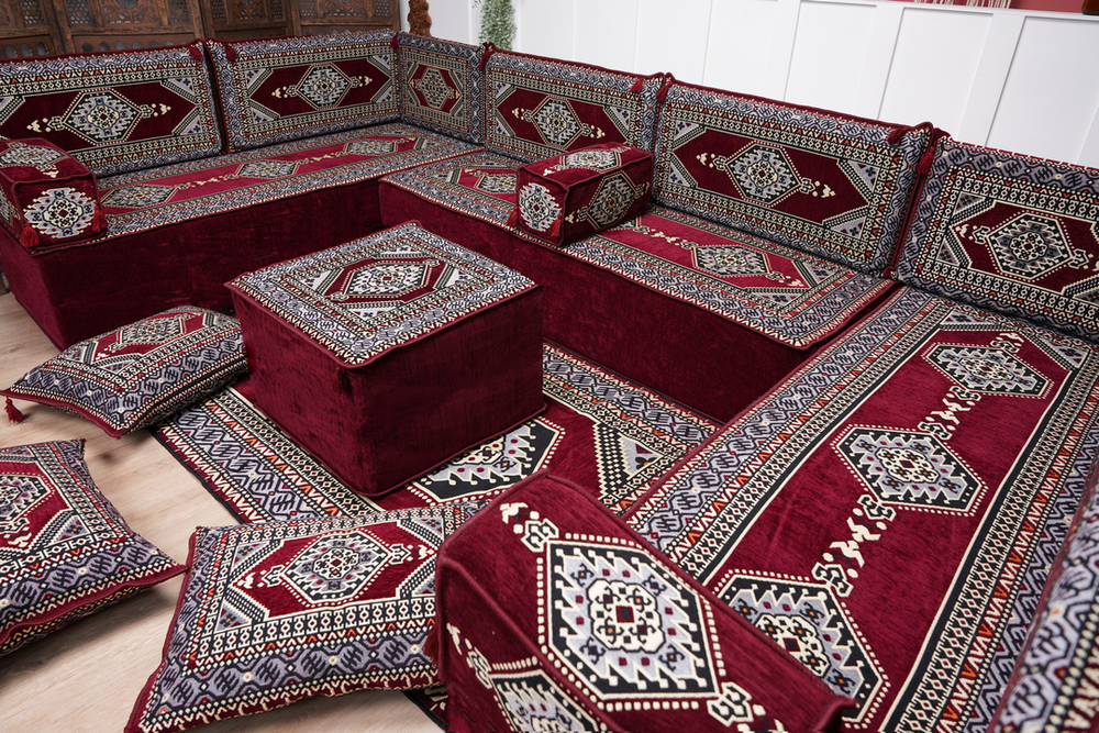 U Shaped Corner Arabic Floor Seating, Modern Couches, Maroon Arabic Majlis Sofa, Turkish Sofa, Arabic Seating Sofa