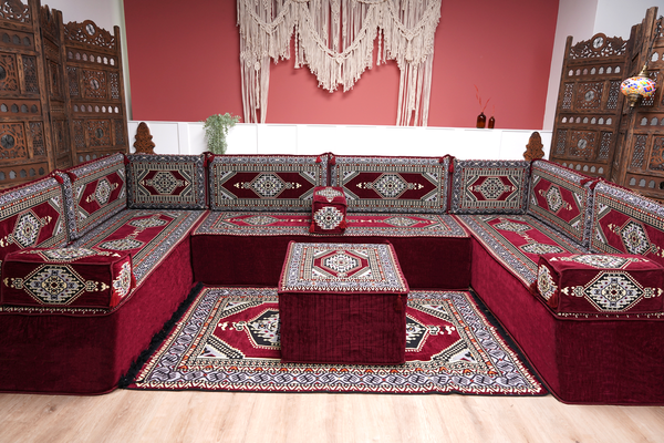 U Shaped Maroon Floor Cushions, Modern Arabic Majlis Set, Floor Sofa Set, Ethnic Sofa, Arabic Jalsa, Moroccan Sofa