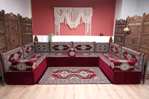 U Shaped Maroon Floor Cushions, Modern Arabic Majlis Set, Floor Sofa Set, Ethnic Sofa, Arabic Jalsa, Moroccan Sofa