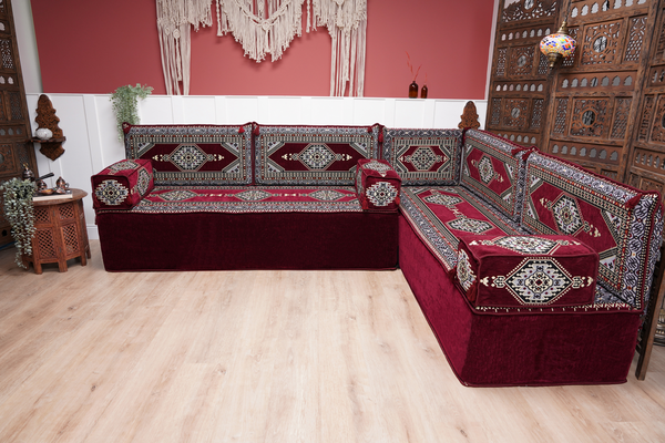 L Shaped Floor Couch, Sectional Sofa Set, Corner Floor Couch, Moroccan Home Decor, Floor Cushions, Bohemian Furniture, Arabic Sofa Set