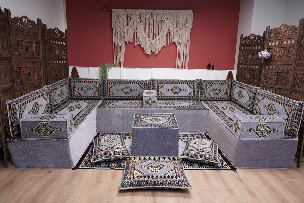 Modern Arabic Sofa, U Shaped Gray Arabic Floor Sofa Set, Moroccan Couch Sofas, Floor Cushion, Sectional Sofas, Arabic Majlis Sofa Seating