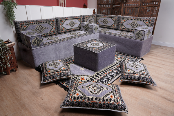 16'' dicke graue L-Sofagarnitur, arabische Bodensitze, Wohnzimmersofa, Ecksofa, marokkanische Sofas, Eckbodencouch, türkisches Sofa