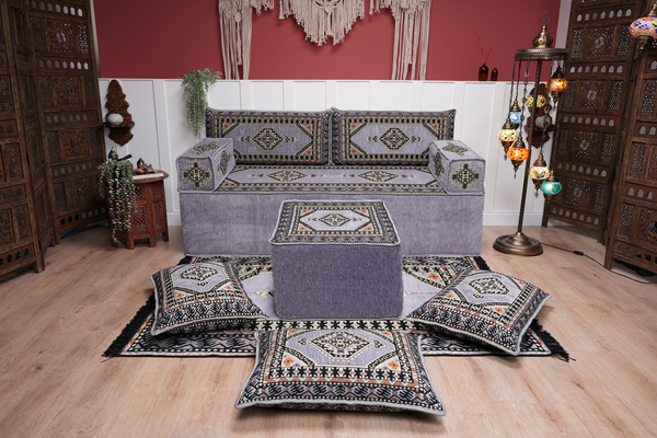 Gray Palace Elegance: Single Floor Sofa Set – Arabic Floor Seating – Handmade Arabic Majlis Cushions – Oriental Sofa