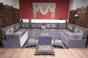 Gray Corner Sofa Seating Set, U Shaped Arabic Sofa Set, Oriental Floor Seating, Living Room Sofa, Sofa Slipcovers