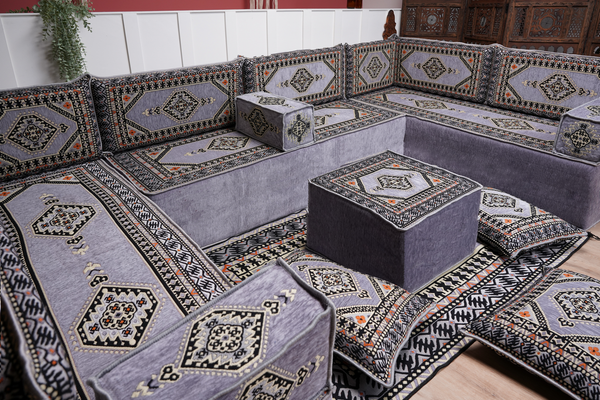 Modern Arabic Sofa, U Shaped Gray Arabic Floor Sofa Set, Moroccan Couch Sofas, Floor Cushion, Sectional Sofas, Arabic Majlis Sofa Seating