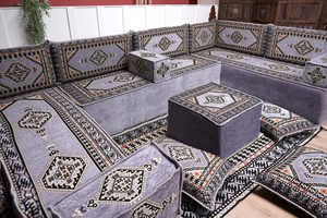 Gray Corner Sofa Seating Set, U Shaped Arabic Sofa Set, Oriental Floor Seating, Living Room Sofa, Sofa Slipcovers