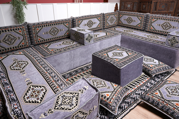 Gray Corner Sofa Seating Set, U Shaped Arabic Sofa Set, Oriental Floor Seating, Living Room Sofa, Sofa Slipcovers