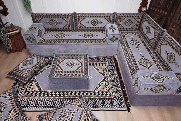 16'' Thickness Gray L Sofa Set, Arabic Floor Sofa Seating,  Living Room Sofa, Sectional Sofa, Moroccan Sofas, Corner Floor Couch, Turkish Sofa