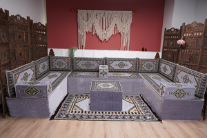 Modern Arabic Sofa, U Shaped Gray Arabic Floor Sofa Set, Moroccan Couch Sofas, Floor Cushion, Sectional Sofas, Arabic Majlis Sofa Seating