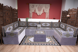 Gray Corner Sofa Seating Set, U Shaped Arabic Sofa Set, Oriental Floor Seating, Living Room Sofa, Sofa Slipcovers