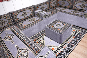Gray Corner Sofa Seating Set, U Shaped Arabic Sofa Set, Oriental Floor Seating, Living Room Sofa, Sofa Slipcovers