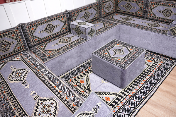 Gray Corner Sofa Seating Set, U Shaped Arabic Sofa Set, Oriental Floor Seating, Living Room Sofa, Sofa Slipcovers