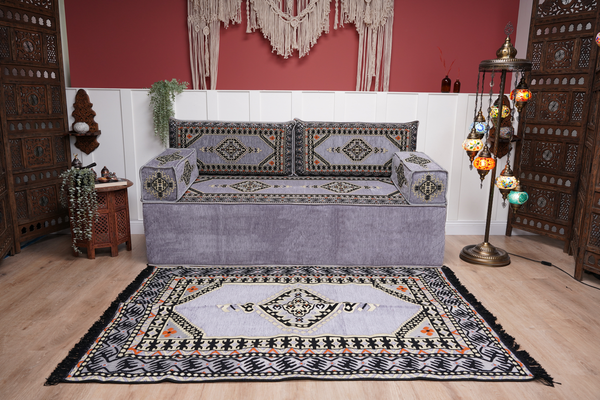 Loveseat Arabic Sofa, Traditional Living Room Sofa with Ottoman Couch and Rug, Floor Sofa Set, Ottoman Floor Cushion Seating, Arabic Majlis