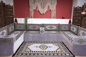 Gray Corner Sofa Seating Set, U Shaped Arabic Sofa Set, Oriental Floor Seating, Living Room Sofa, Sofa Slipcovers