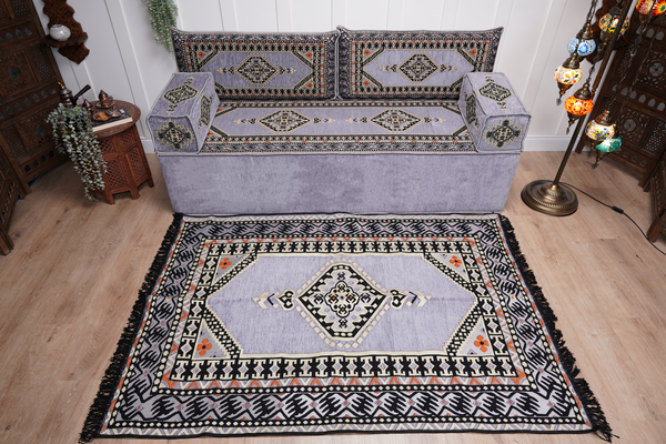 Loveseat Arabic Sofa, Traditional Living Room Sofa with Ottoman Couch and Rug, Floor Sofa Set, Ottoman Floor Cushion Seating, Arabic Majlis