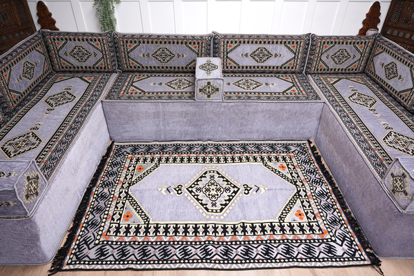 Gray Corner Sofa Seating Set, U Shaped Arabic Sofa Set, Oriental Floor Seating, Living Room Sofa, Sofa Slipcovers