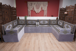 Modern Arabic Sofa, U Shaped Gray Arabic Floor Sofa Set, Moroccan Couch Sofas, Floor Cushion, Sectional Sofas, Arabic Majlis Sofa Seating