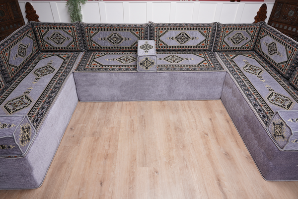 Modern Arabic Sofa, U Shaped Gray Arabic Floor Sofa Set, Moroccan Couch Sofas, Floor Cushion, Sectional Sofas, Arabic Majlis Sofa Seating