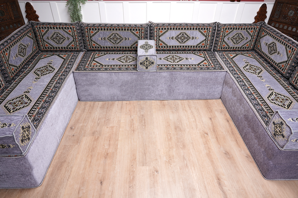 Gray Corner Sofa Seating Set, U Shaped Arabic Sofa Set, Oriental Floor Seating, Living Room Sofa, Sofa Slipcovers