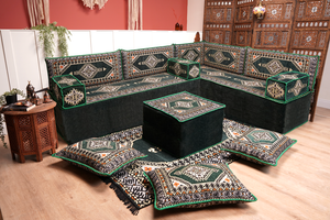 Green Moroccan Home Decor Cushion, 4" Thickness Corner Floor Seating Set, L Shaped Floor Couch, Sectional Sofa Set