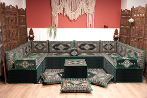 U-förmiges grünes arabisches Eck-Bodensitzkissen, Modulare Bodencouch, Bodensofas, Balkon-Terrassensofas, Palettensofa, Ethno-Sofa
