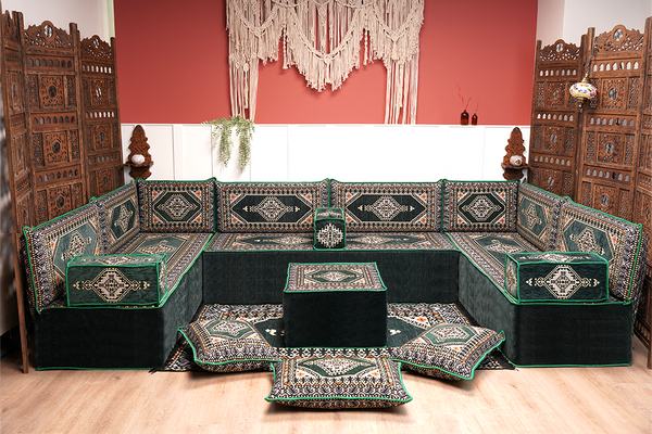 U-förmiges grünes arabisches Eck-Bodensitzkissen, Modulare Bodencouch, Bodensofas, Balkon-Terrassensofas, Palettensofa, Ethno-Sofa