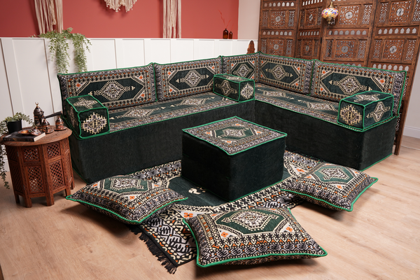 Coussins de salon marocains verts en forme de L, canapé d'angle au sol, canapé turc, coussins orientaux de sol, coussin de canapé, coussins de sol