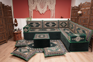 L Shaped Green Moroccan Livingroom Cushions, Corner Floor Couch, Turkish Sofa, Oriental Floor Cushions, Sofa Pillow, Floor Cushions