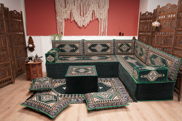 L Shaped Green Moroccan Livingroom Cushions, Corner Floor Couch, Turkish Sofa, Oriental Floor Cushions, Sofa Pillow, Floor Cushions