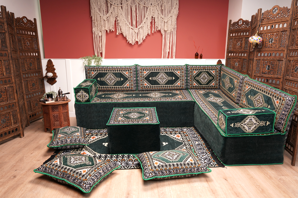 Green Moroccan Home Decor Cushion, 4" Thickness Corner Floor Seating Set, L Shaped Floor Couch, Sectional Sofa Set