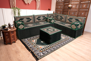 Green Moroccan Home Decor Cushion, 4" Thickness Corner Floor Seating Set, L Shaped Floor Couch, Sectional Sofa Set