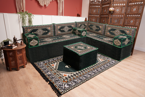 L Shaped Green Moroccan Livingroom Cushions, Corner Floor Couch, Turkish Sofa, Oriental Floor Cushions, Sofa Pillow, Floor Cushions