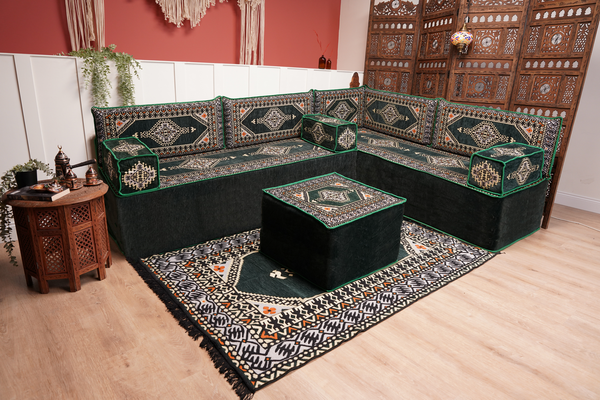 L Shaped Green Moroccan Livingroom Cushions, Corner Floor Couch, Turkish Sofa, Oriental Floor Cushions, Sofa Pillow, Floor Cushions