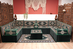 U-förmiges grünes arabisches Eck-Bodensitzkissen, Modulare Bodencouch, Bodensofas, Balkon-Terrassensofas, Palettensofa, Ethno-Sofa