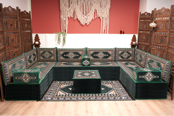U-förmiges grünes arabisches Eck-Bodensitzkissen, Modulare Bodencouch, Bodensofas, Balkon-Terrassensofas, Palettensofa, Ethno-Sofa