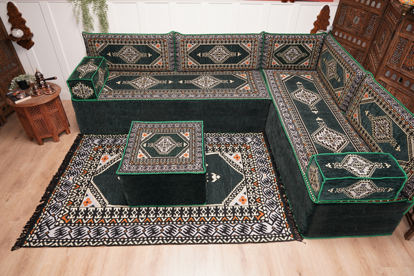 L Shaped Green Moroccan Livingroom Cushions, Corner Floor Couch, Turkish Sofa, Oriental Floor Cushions, Sofa Pillow, Floor Cushions