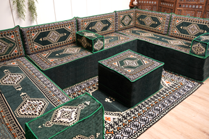 U-förmiges grünes arabisches Eck-Bodensitzkissen, Modulare Bodencouch, Bodensofas, Balkon-Terrassensofas, Palettensofa, Ethno-Sofa