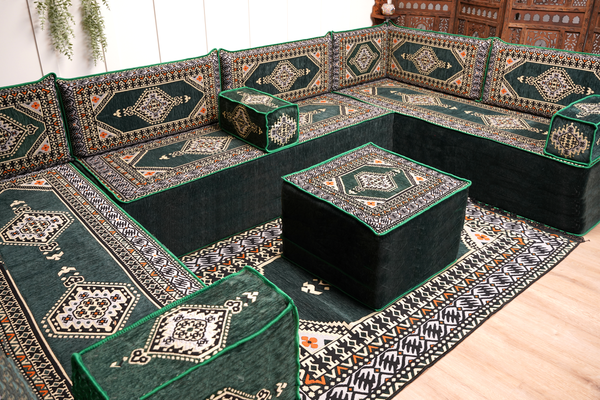 U-förmiges grünes arabisches Eck-Bodensitzkissen, Modulare Bodencouch, Bodensofas, Balkon-Terrassensofas, Palettensofa, Ethno-Sofa