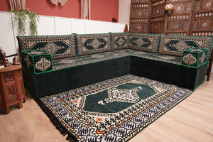 L Shaped Green Moroccan Livingroom Cushions, Corner Floor Couch, Turkish Sofa, Oriental Floor Cushions, Sofa Pillow, Floor Cushions