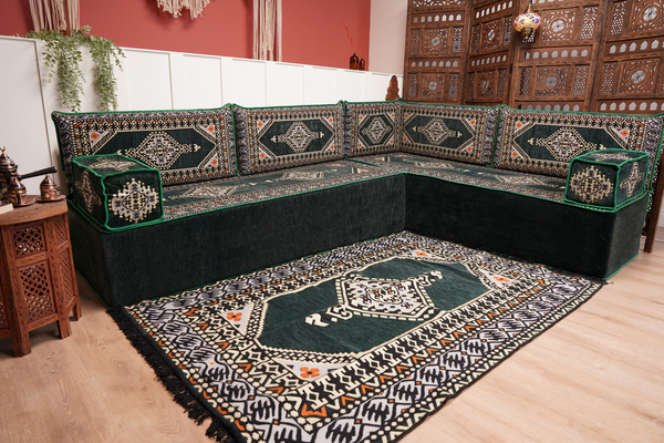 L Shaped Green Moroccan Livingroom Cushions, Corner Floor Couch, Turkish Sofa, Oriental Floor Cushions, Sofa Pillow, Floor Cushions